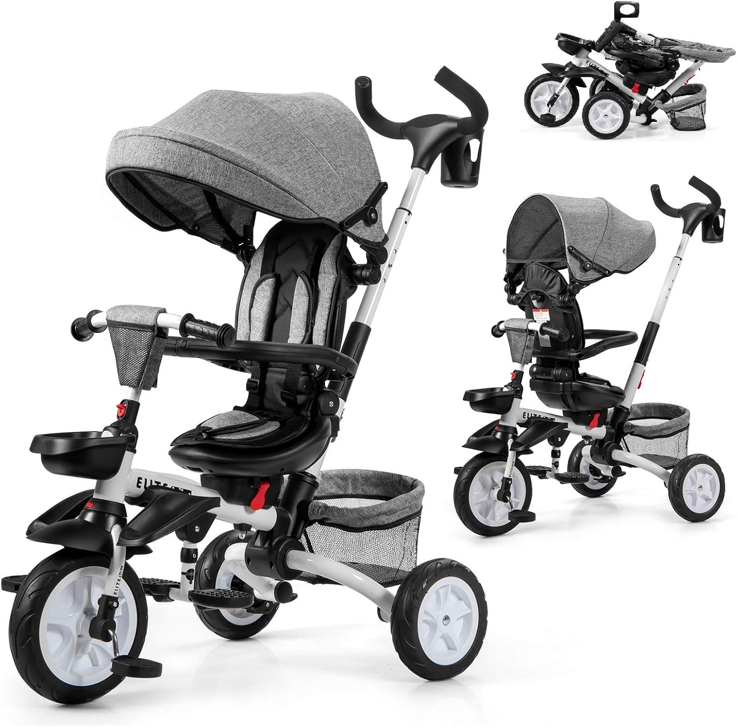 Gray 7-in-1 Folding Baby Tricycle with Rotatable Seat J431