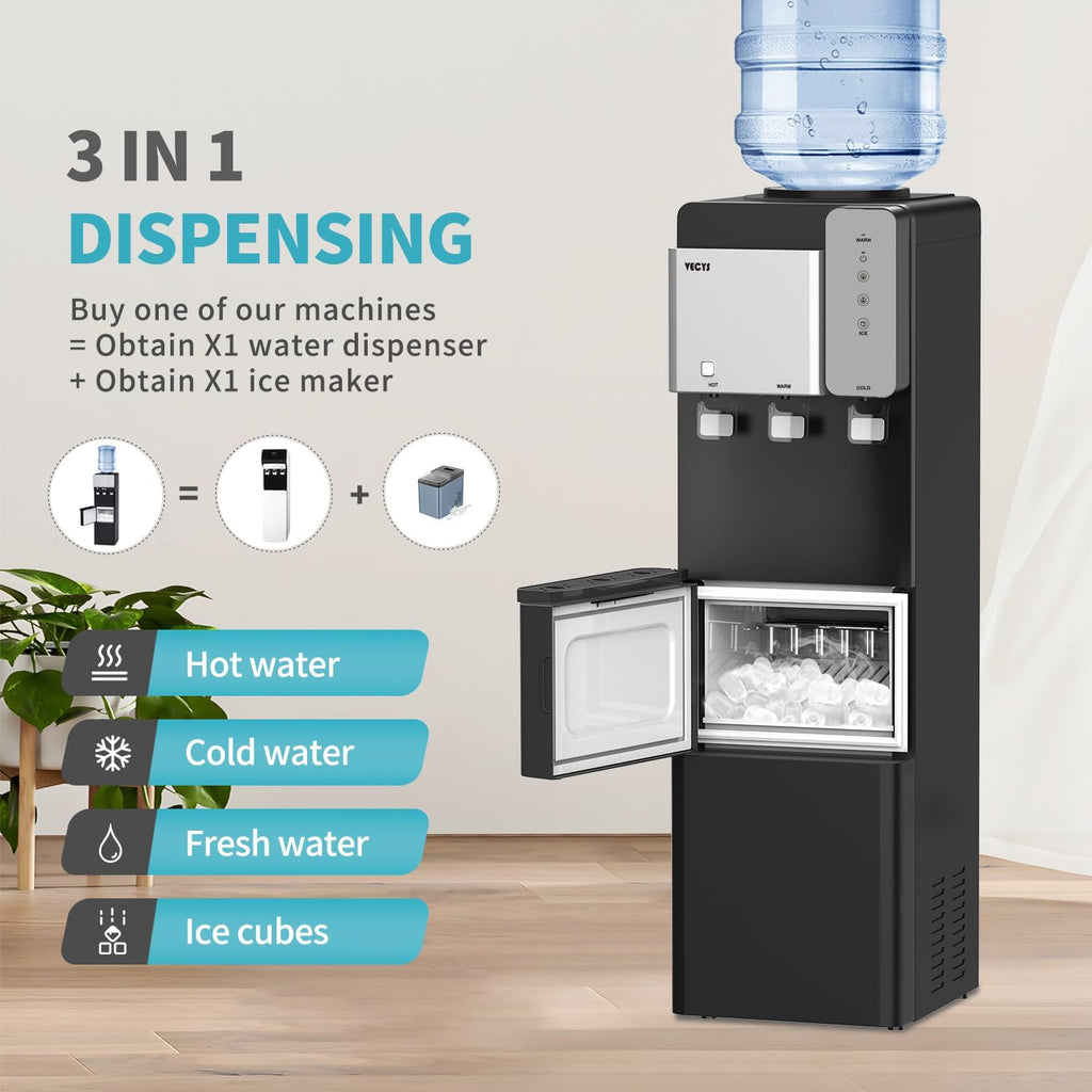 Water Dispenser Cooler with Ice Maker, 27LBS Daily Ice Making, Hot Cold Water, Child Safety Lock, Compatible with 3 or 5 Gallon Bottles I501546