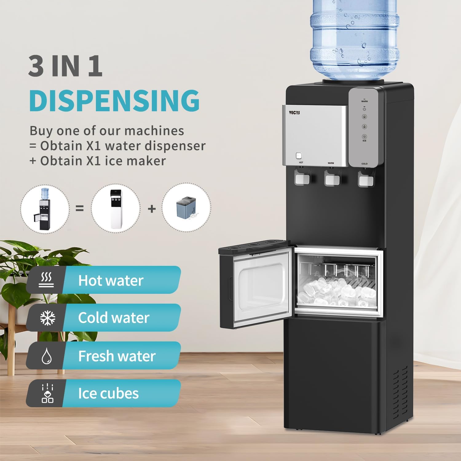 Water Dispenser Cooler with Ice Maker, 27LBS Daily Ice Making, Hot Cold Water, Child Safety Lock, Compatible with 3 or 5 Gallon Bottles I501546