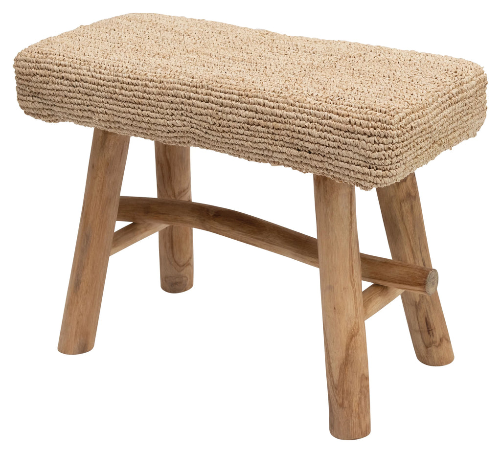 Woven Mendong Covered Stool with Teak Wood Legs Z247