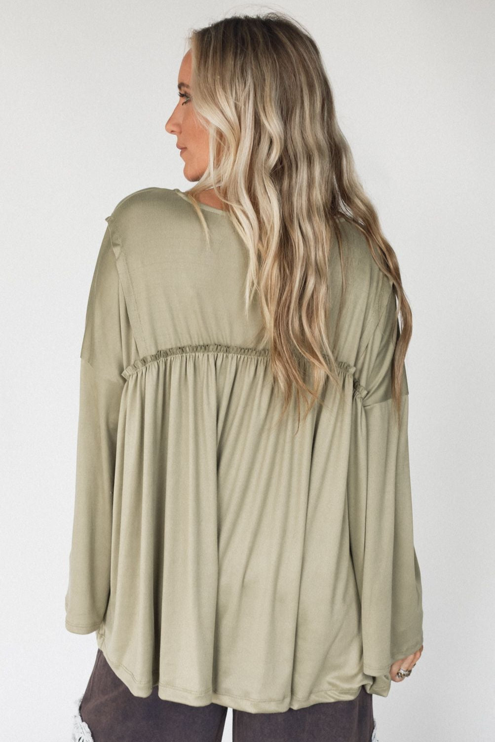 The Nest Solid Serenity Long Sleeve Babydoll Top - Olive