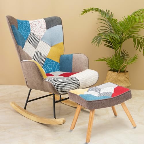 Patchwork Rocking Chair with Footstool and Pillow Fabric Upholstered High Back Lounge Chair 35''Lx 26''Wx37.8''H A390