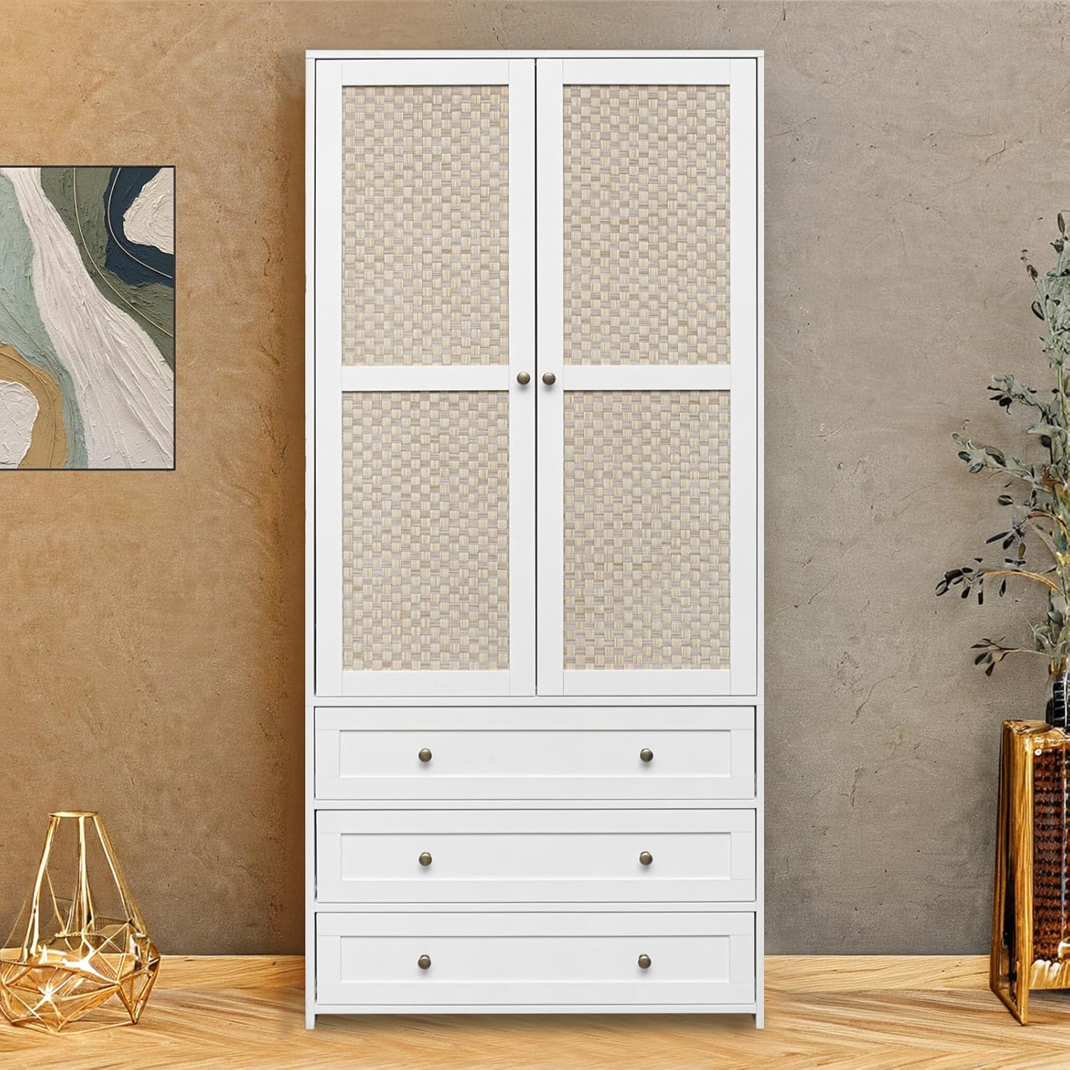 Wooden Armoire Wardrobe with Rattan Door and 3 Drawer P121709