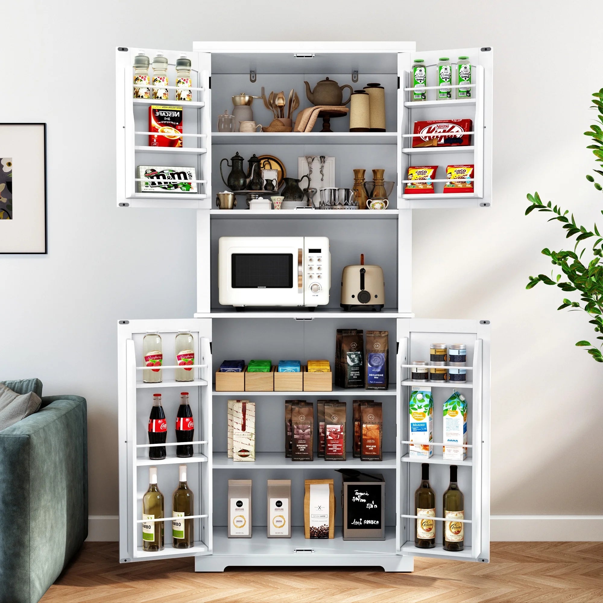 White 72" Kitchen Pantry Storage Cabinet with Microwave Stand H83806