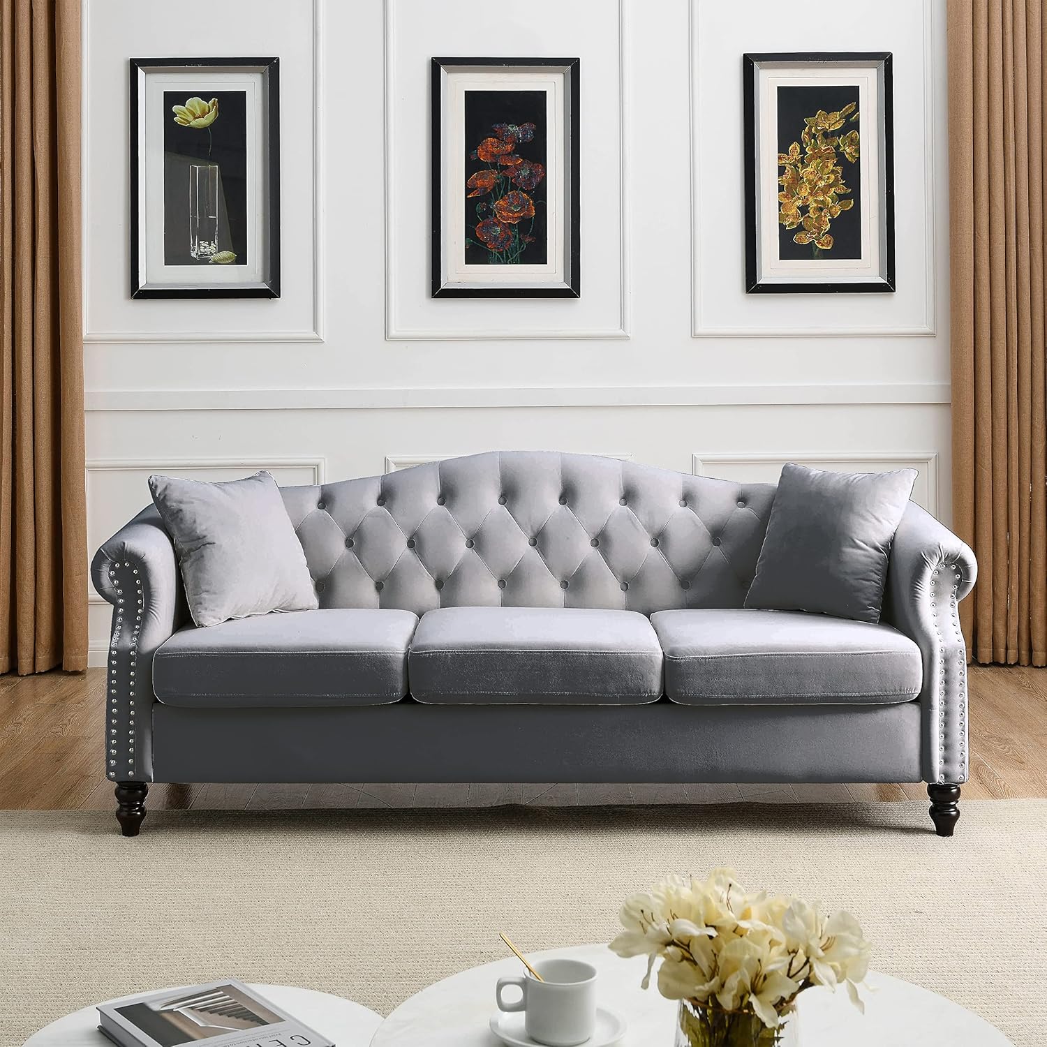 Grey Velvet 3 Seater Chesterfield Sofa N24926