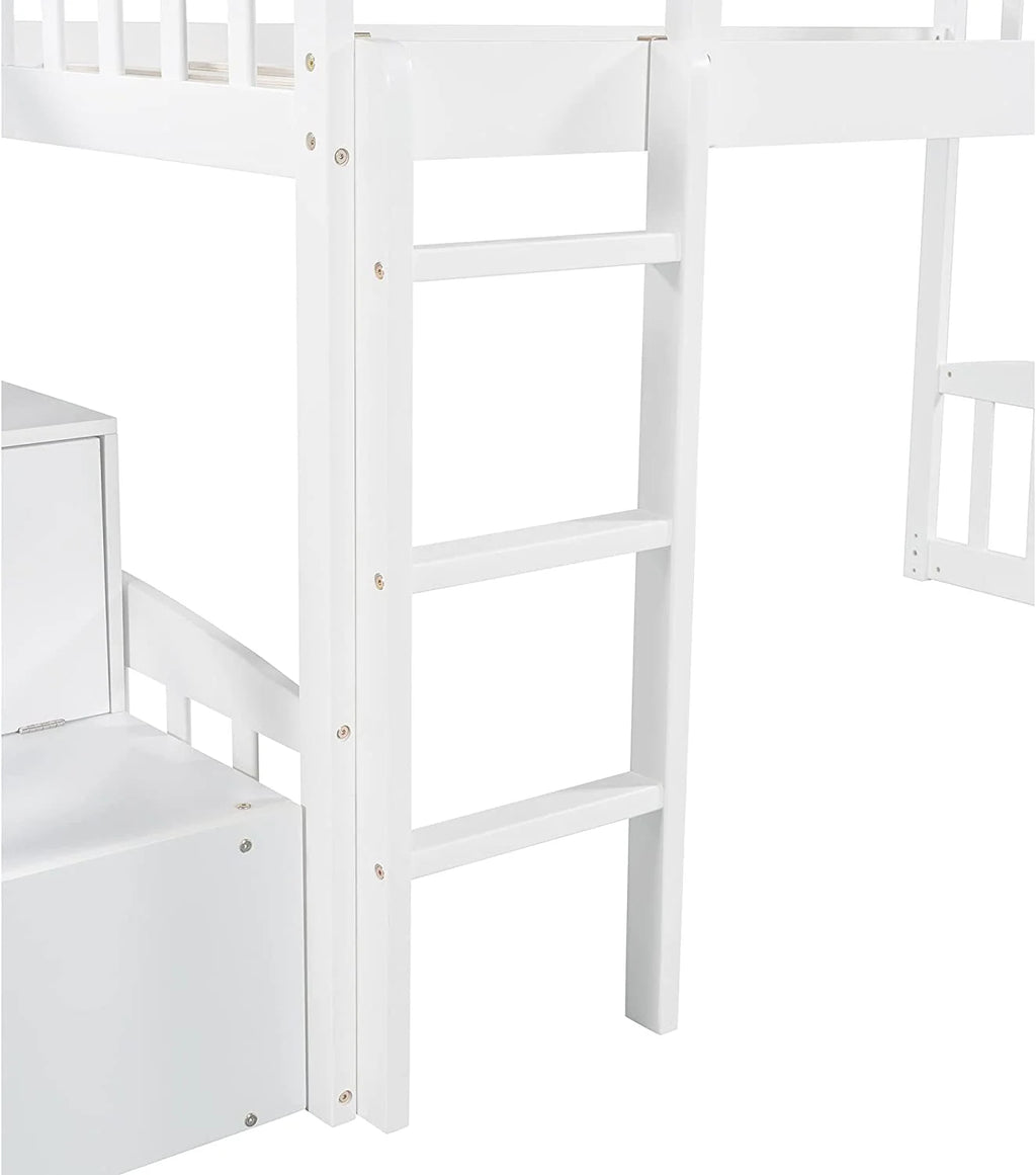 White Wooden Low Loft Bed Frame With Storage U242