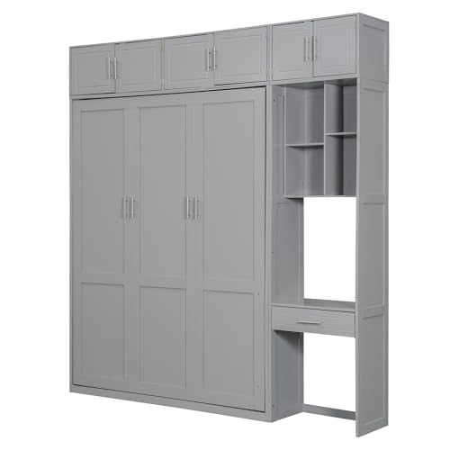 White Full Size Wood Murphy Bed with Desk and Storage Shelves A97733