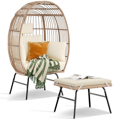 Beige Rattan Egg Chair with Ottoman Steel Frame M8015