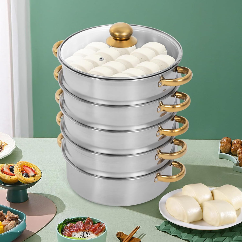 26cm Stainless Steel 5 Tier Steamer Pot with Glass Lid R308727