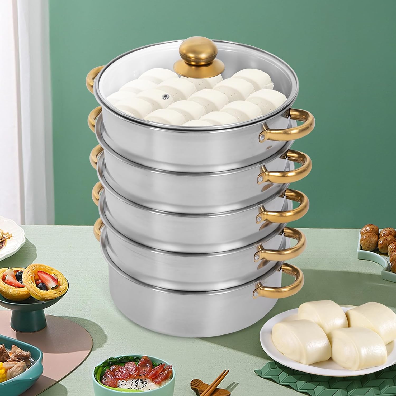 26cm Stainless Steel 5 Tier Steamer Pot with Glass Lid R308727