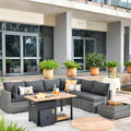 9 Piece Outdoor Wicker Patio Furniture Set with 50" Fire Table, PE Rattan Conversation Set with Swivel Chair K86976