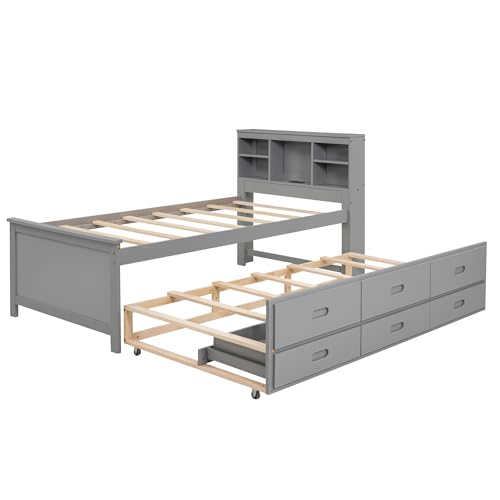 Gray Full Size Bookcase Bed with Trundle and Storage Drawers L29631