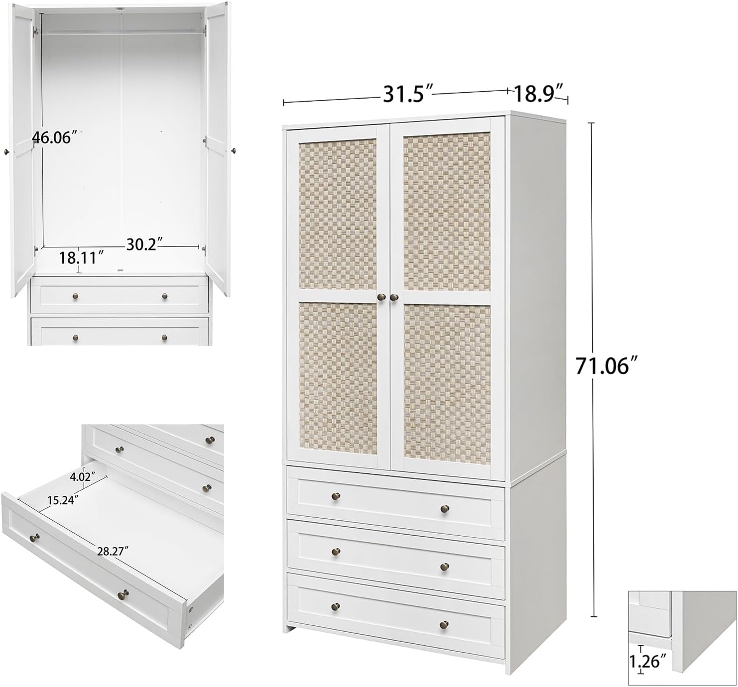 Wooden Armoire Wardrobe with Rattan Door and 3 Drawer P121709