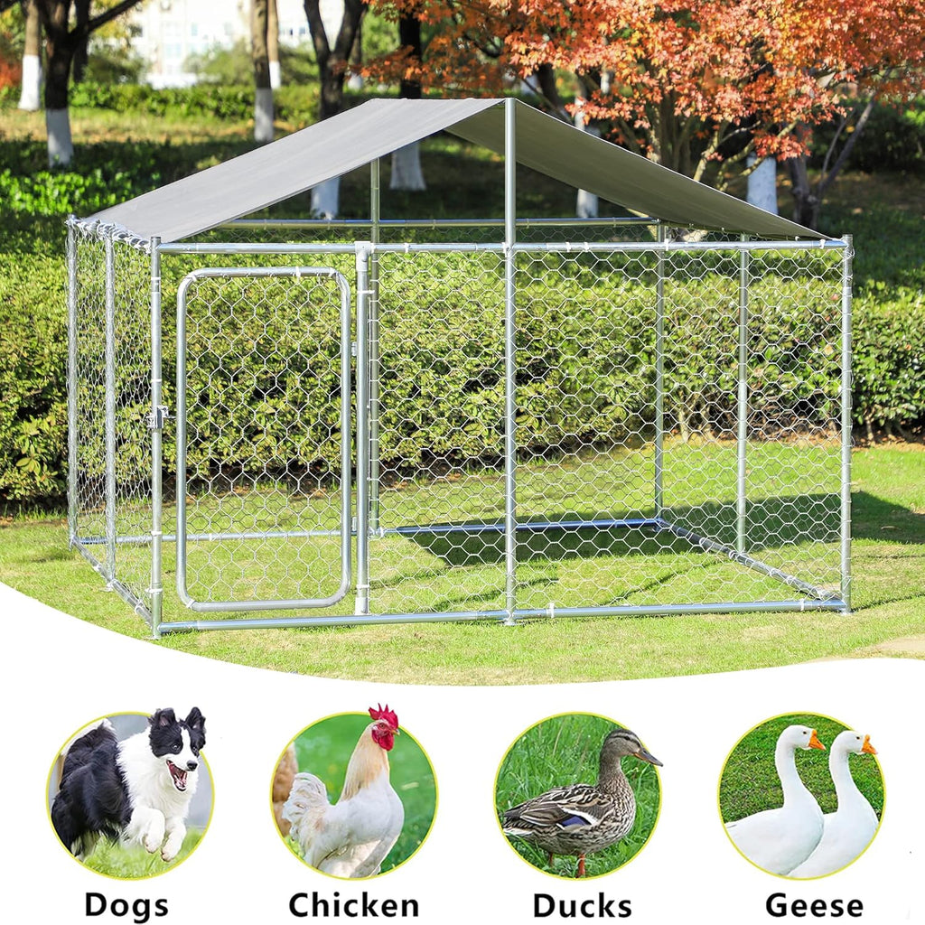 Silver 90"x90"x63" Outdoor Dog Kennel with Water-Resistant Cover S4069