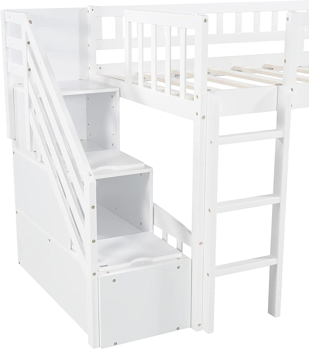 White Wooden Low Loft Bed Frame With Storage U242