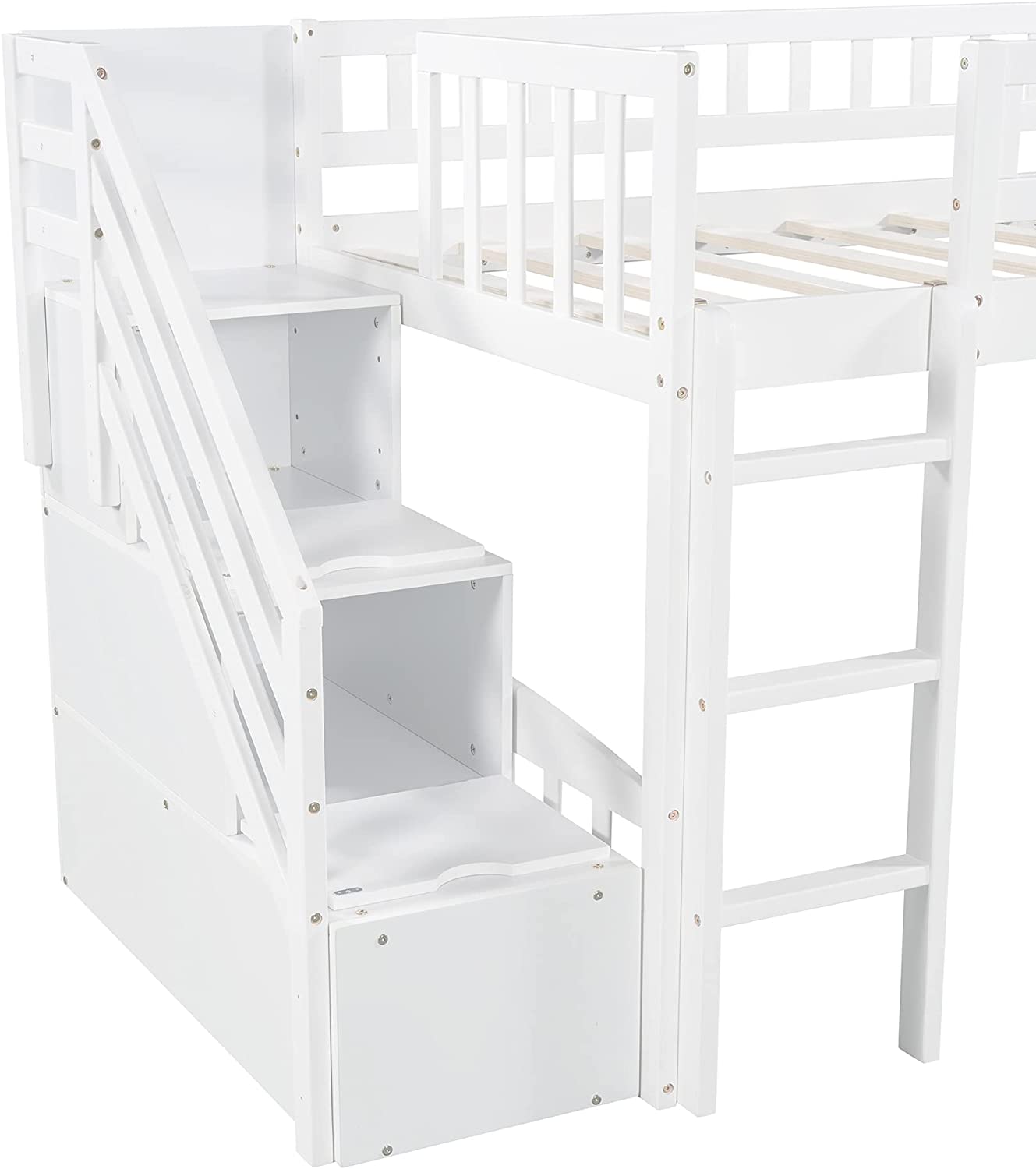 White Wooden Low Loft Bed Frame With Storage U242