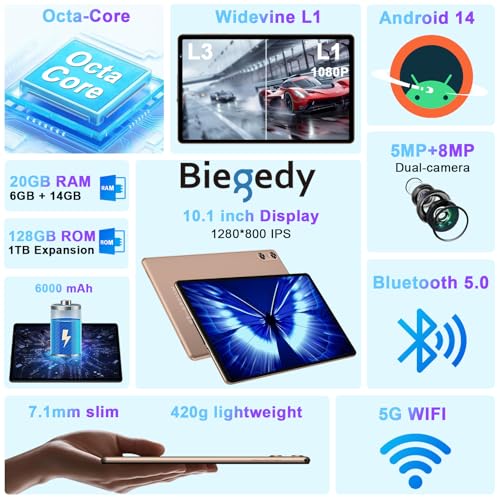 Rose Gold 10 Inch Android 14 Tablet 20GB RAM 128GB ROM T1630