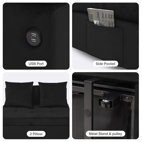 Dark Grey Velvet 4-in-1 Convertible Sofa Bed with 2 Throw Pillow R9695