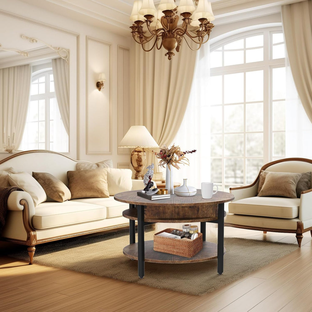 Round Lift Top Coffee Table with Storage and Hidden Compartment, 35.43 in Rustic Brown S2893