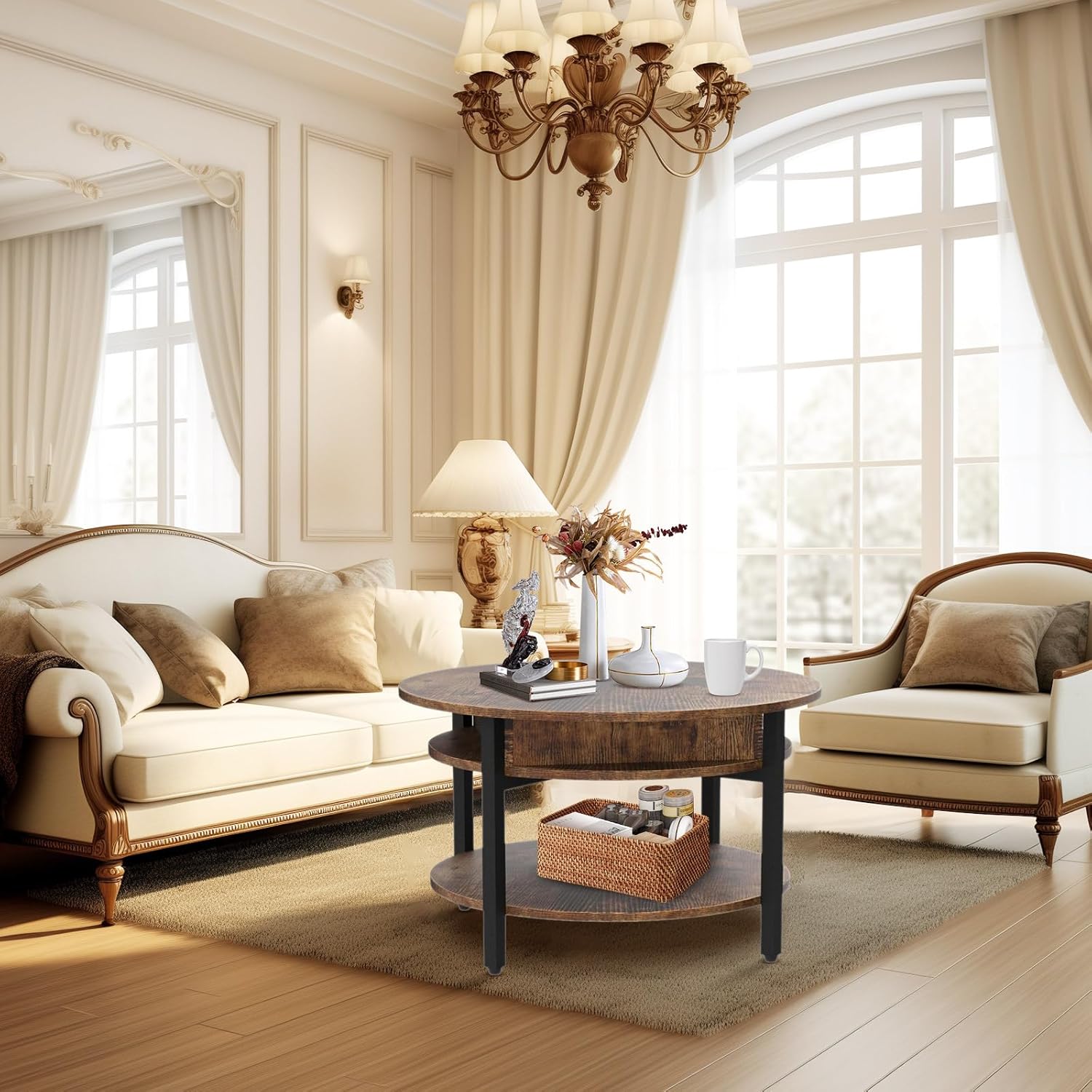 Round Lift Top Coffee Table with Storage and Hidden Compartment, 35.43 in Rustic Brown S2893