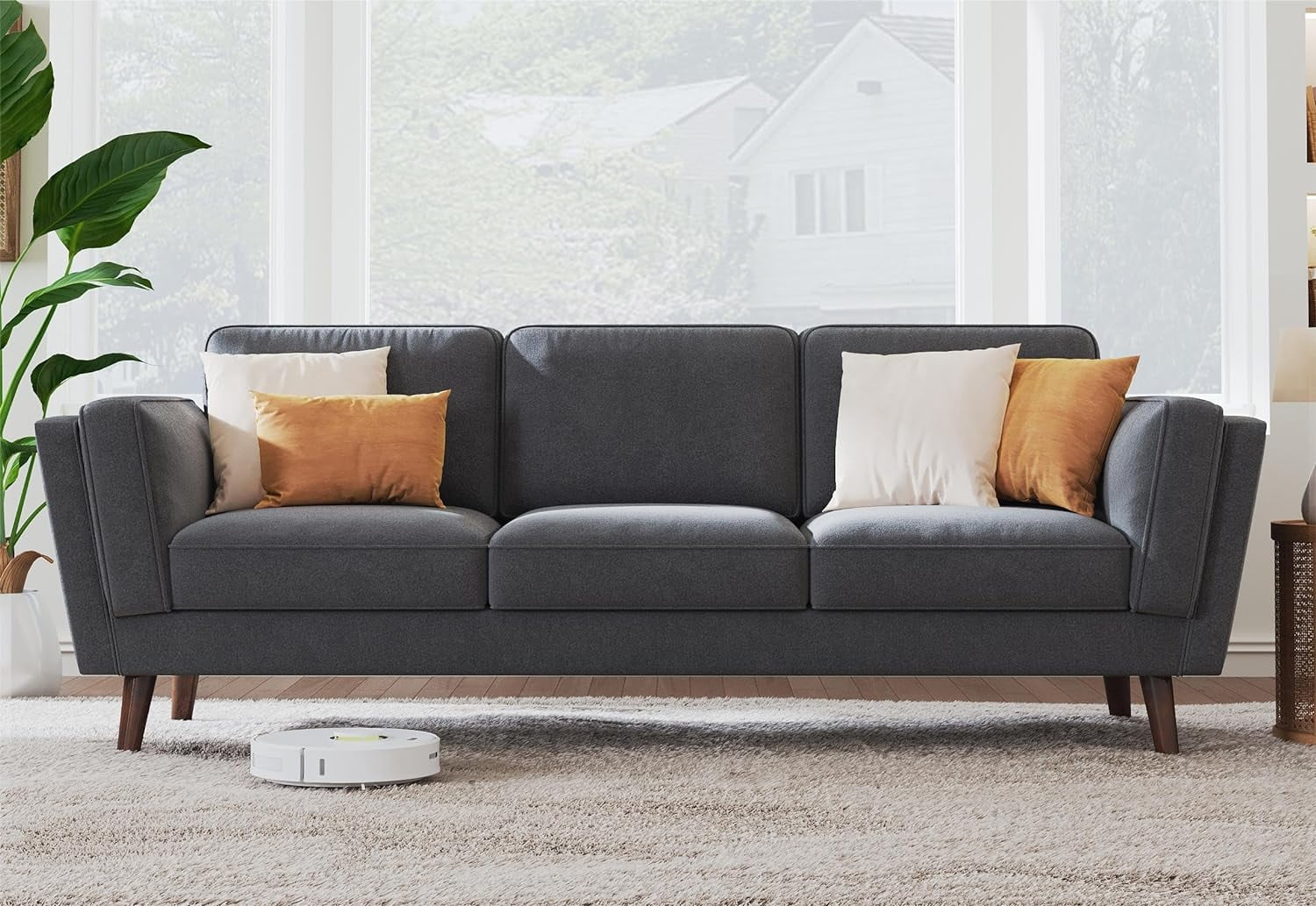 87 inch Dark Grey Deep Seat Sofa with Embedded Arm Pillow N3233