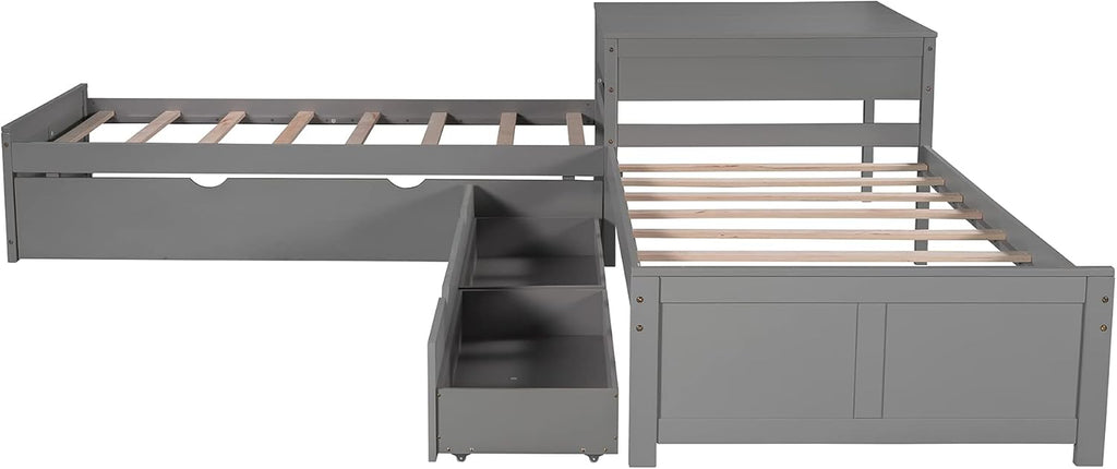 Twin L-Shaped Platform Bed with Trundle, 2 Storage Drawers, and Built-in Square Desk E7547