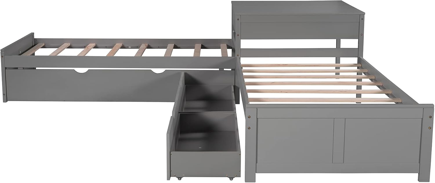 Twin L-Shaped Platform Bed with Trundle, 2 Storage Drawers, and Built-in Square Desk E7547