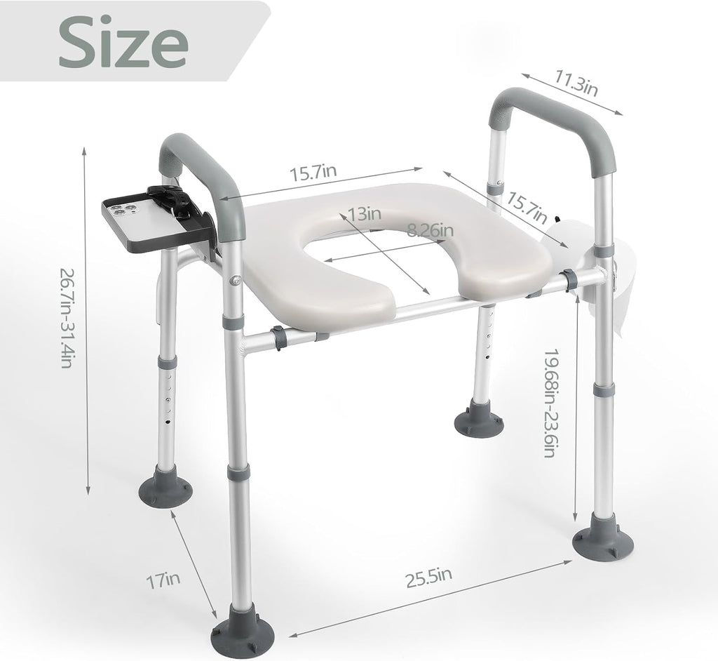 Raised Toilet Seat with Handles, Height Adjustable, Heavy Duty Padded Seat Riser, 350lbs Capacity E51650