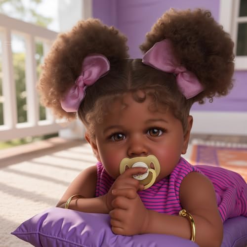 22 Inch Lifelike Soft Body Reborn Baby Doll with Taupe Eyes Caramel Skin Tone Pink Striped Skirt F761