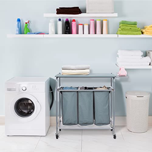 Blue Grey Rolling Laundry Sorter with Ironing Board and 3-Bag E185652