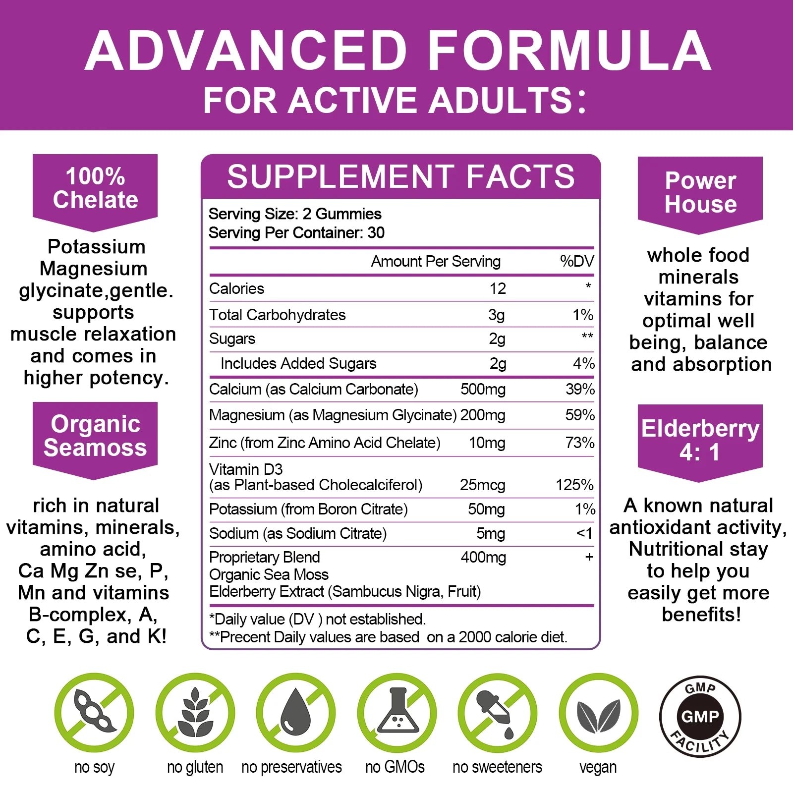 Calcium Magnesium Zinc Gummies with Magnesium Glycinate 200mg, Potassium, D3 & Sea Moss (2 Pack) K146967