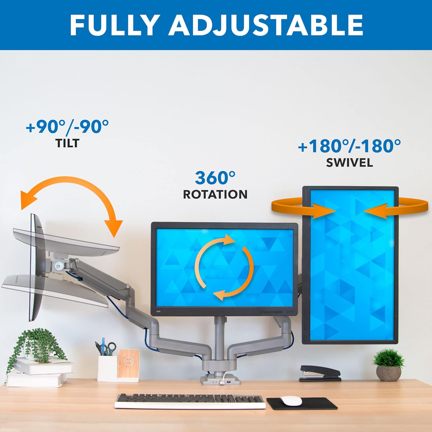 Triple Monitor Desk Mount with USB and Audio Ports, Height Adjustable for 24 27 30 32 Inch VESA Screens K9755
