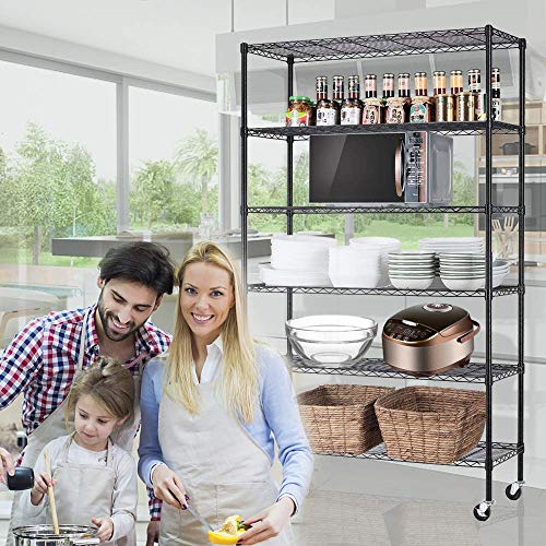 Black 6 Tier Wire Shelving Unit with Wheels, 48"x18"x72" H4146