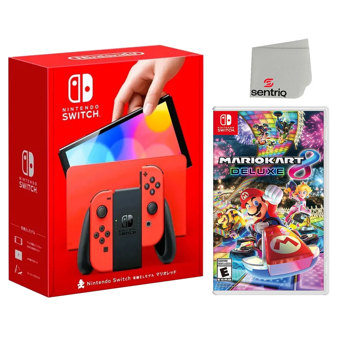 OLED Mario Red Edition Nintendo Switch with Mario Kart 8 Deluxe and Screen Cleaning Cloth Bundle X718238