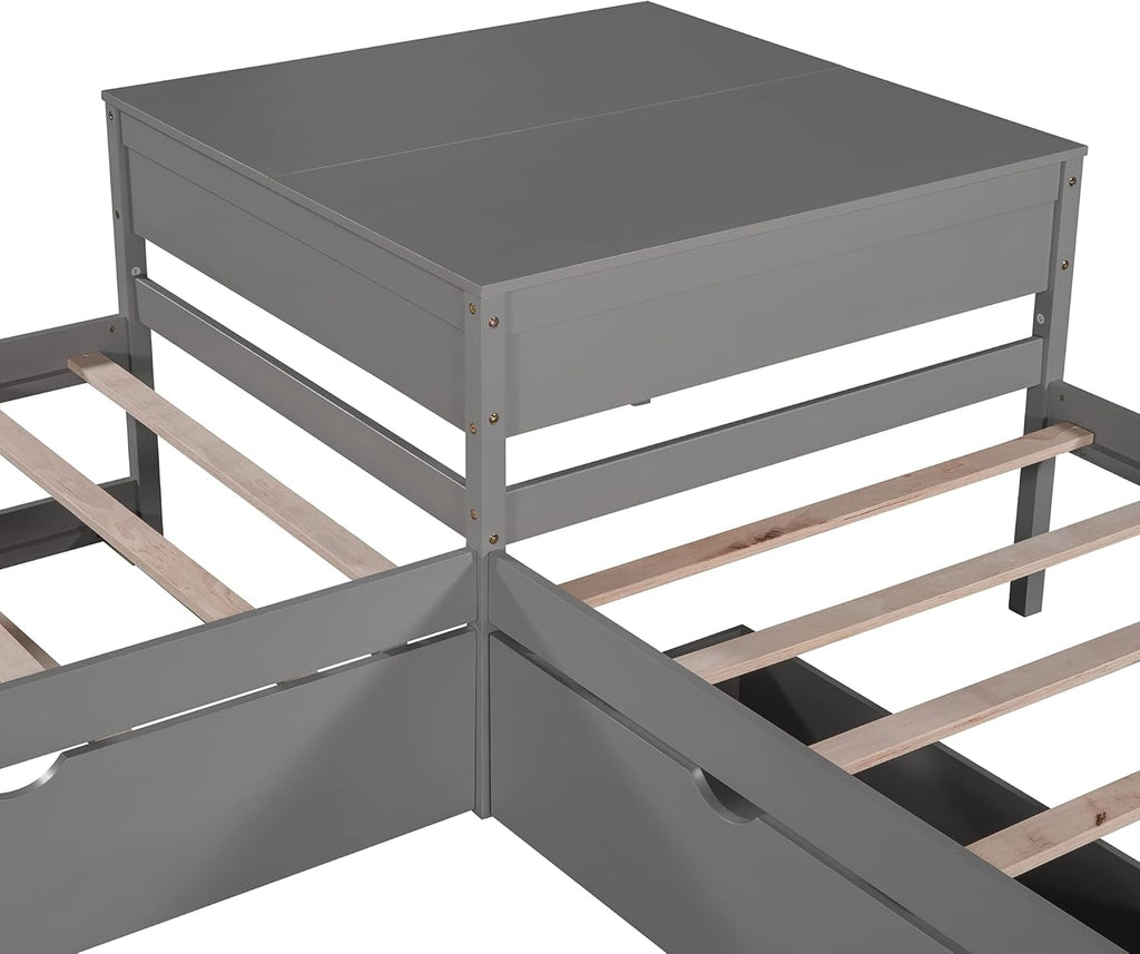 Twin L-Shaped Platform Bed with Trundle, 2 Storage Drawers, and Built-in Square Desk E7547