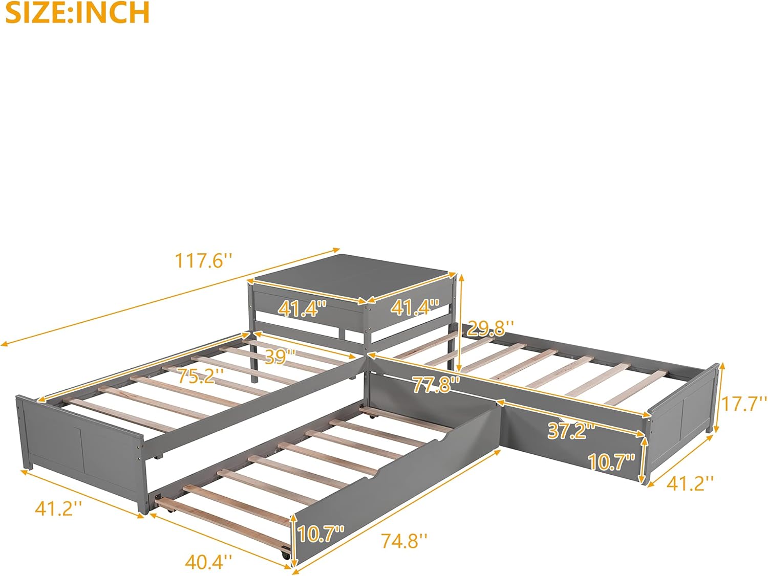 Twin L-Shaped Platform Bed with Trundle, 2 Storage Drawers, and Built-in Square Desk E7547