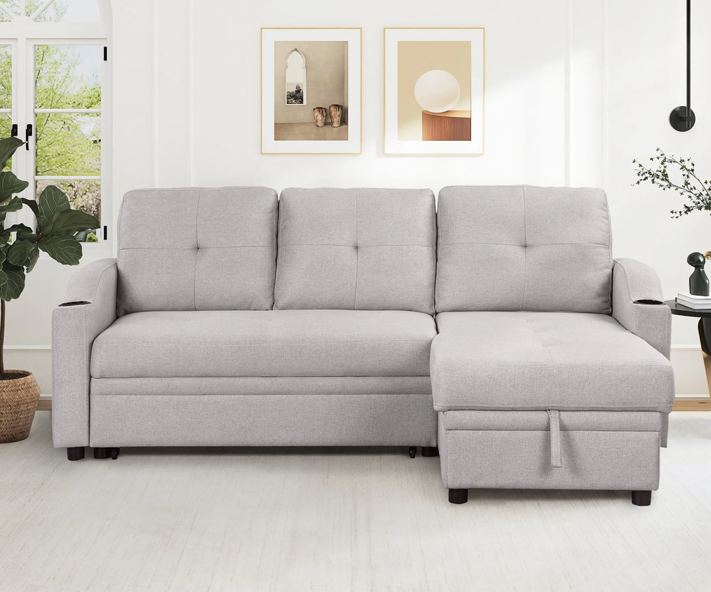 Gray Linen 3 Seater L Shape Sofa with Storage Chaise E536286