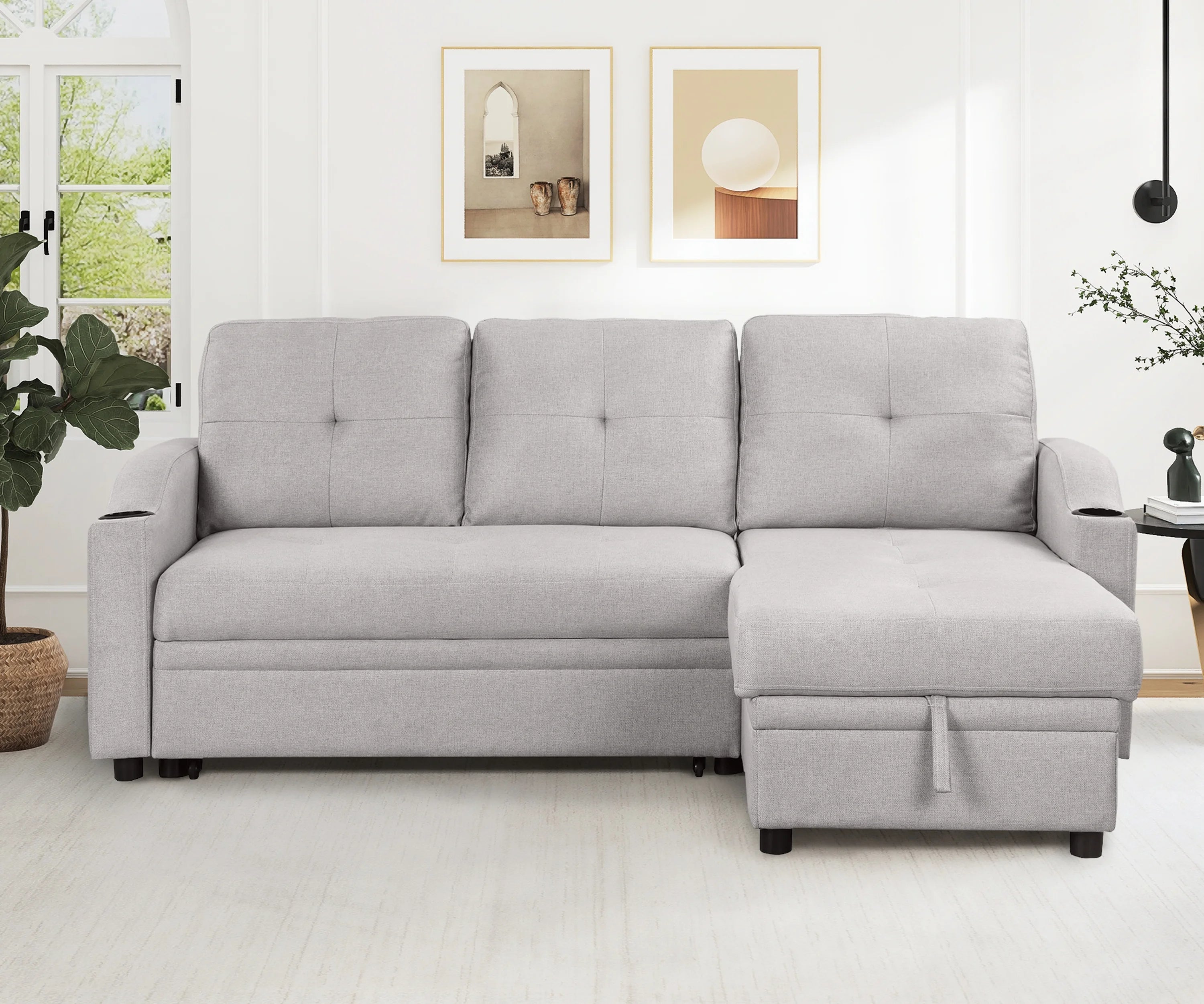 Gray Linen 3 Seater L Shape Sofa with Storage Chaise E536286