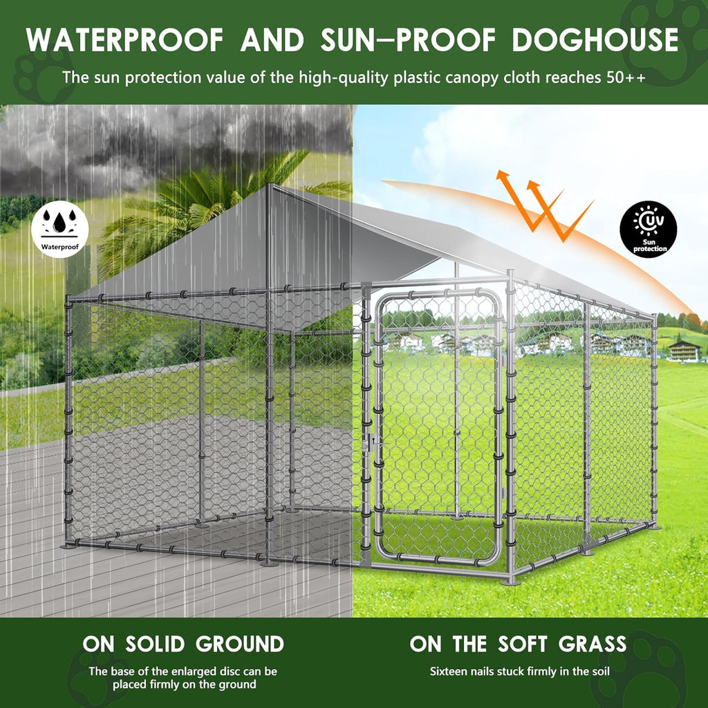 Silver 90"x90"x63" Outdoor Dog Kennel with Water-Resistant Cover S4069