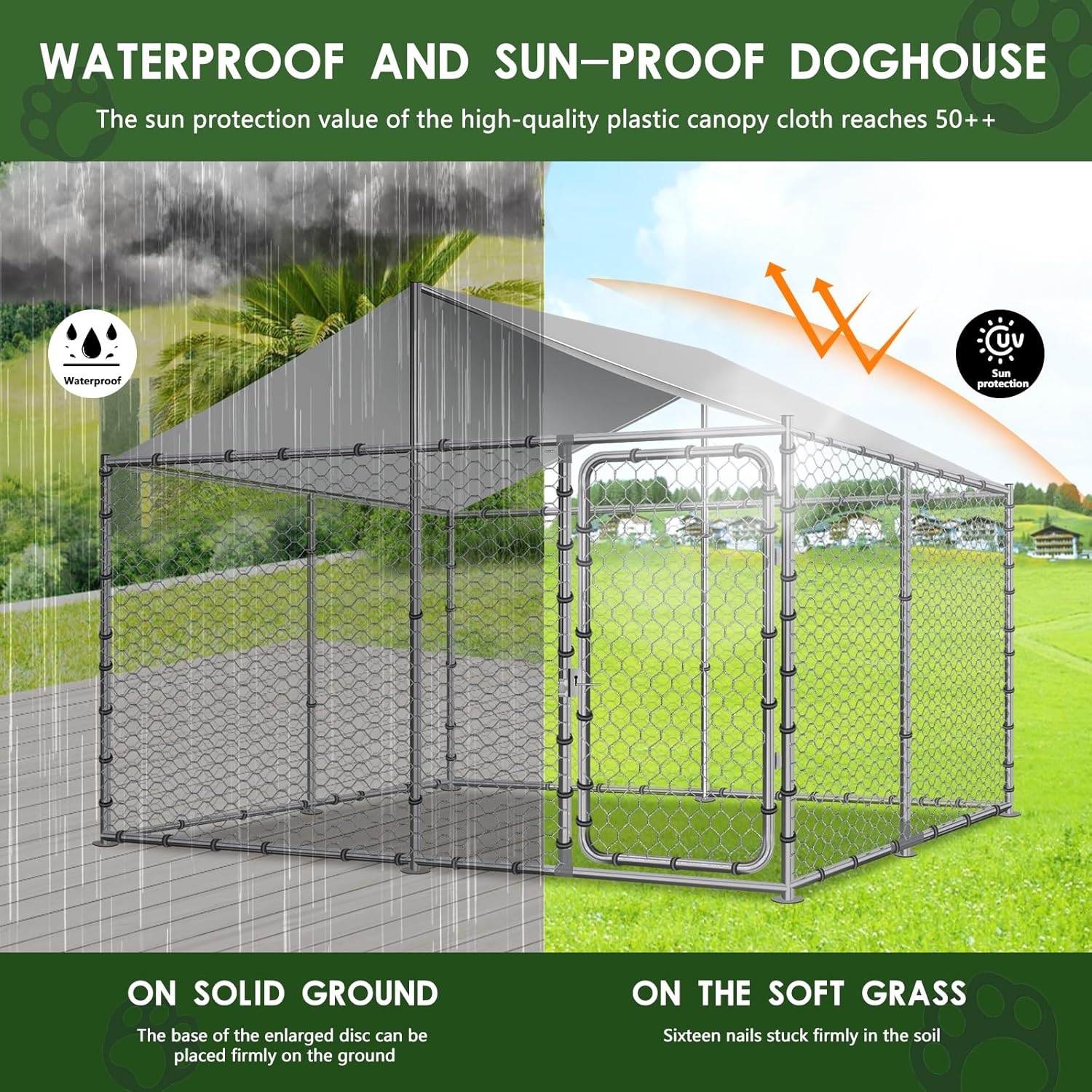 Silver 90"x90"x63" Outdoor Dog Kennel with Water-Resistant Cover S4069