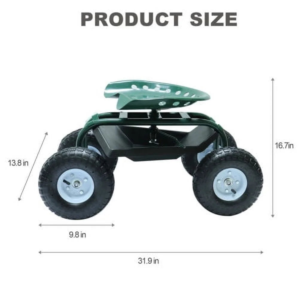 Green Metal Rolling Garden Seat Cart with 4 Wheels N522