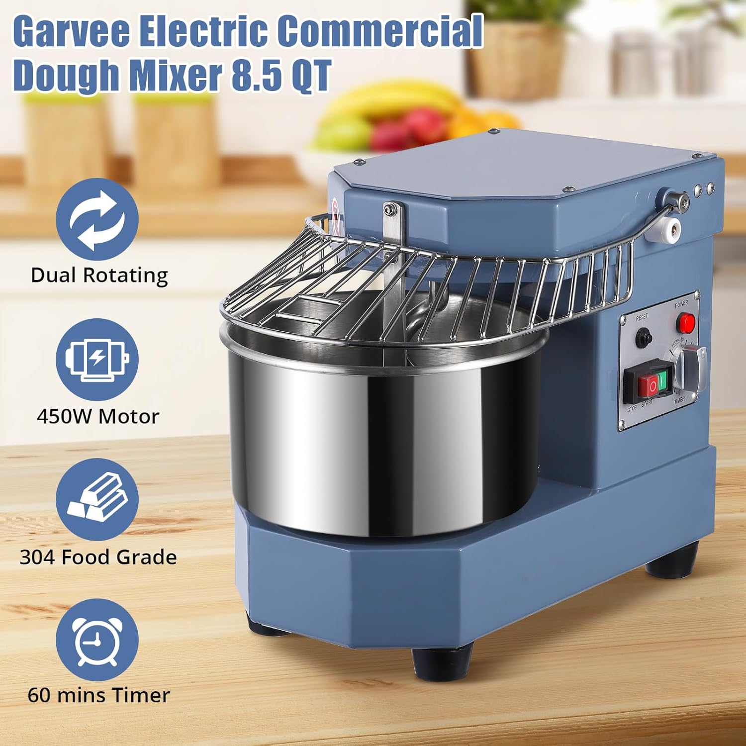 8.5Qt 450W Dual Rotating Dough Mixer with Stainless Steel Bowl K2486