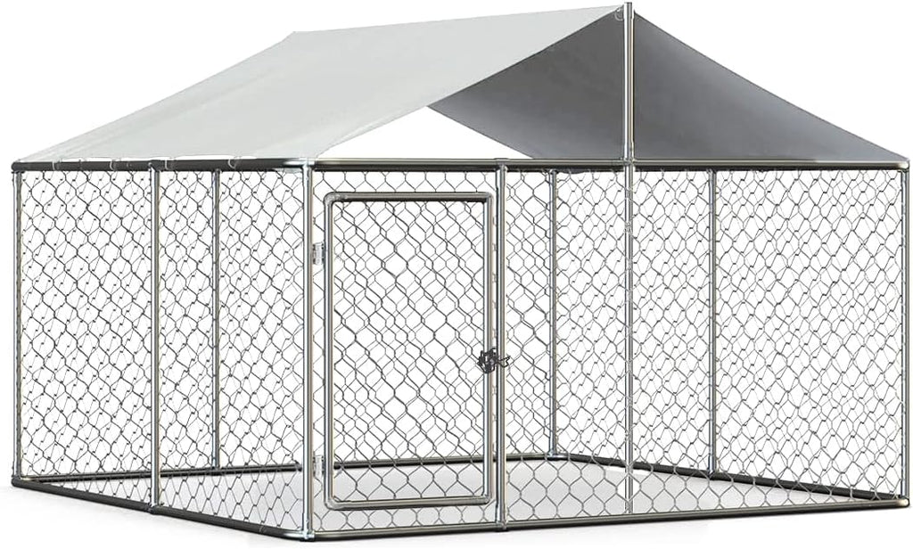 Silver 90"x90"x63" Outdoor Dog Kennel with Water-Resistant Cover S4069