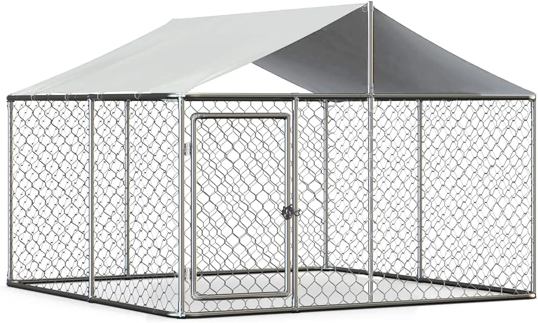 Silver 90"x90"x63" Outdoor Dog Kennel with Water-Resistant Cover S4069
