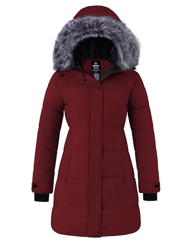 Women's Long Quilted Winter Coat Puffer Jacket with Faux Fur Hood K12879