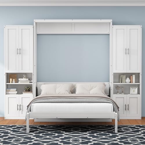 White Queen Murphy Bed with 2 Side Cabinet Storage Shelves A406915