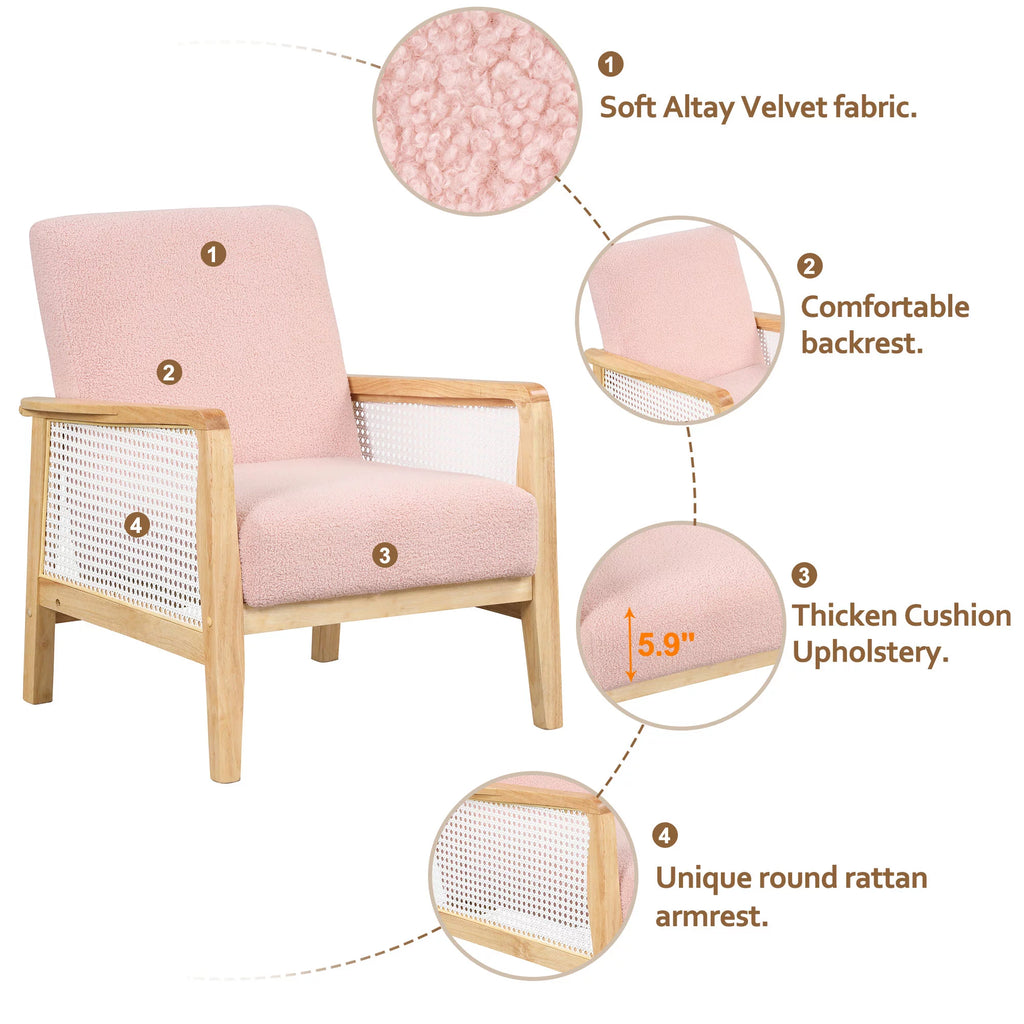 Pink Teddy Short Plush Particle Velvet Rattan Mesh Upholstered Accent Armchair F5114