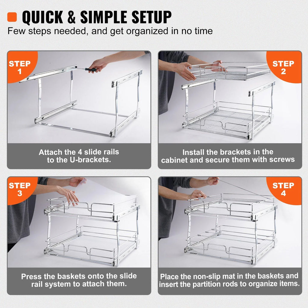 Chrome Plated Steel 2 Tier Slide Out Cabinet Organizer, 17 Inches Wide x 21 Inches Deep H7558