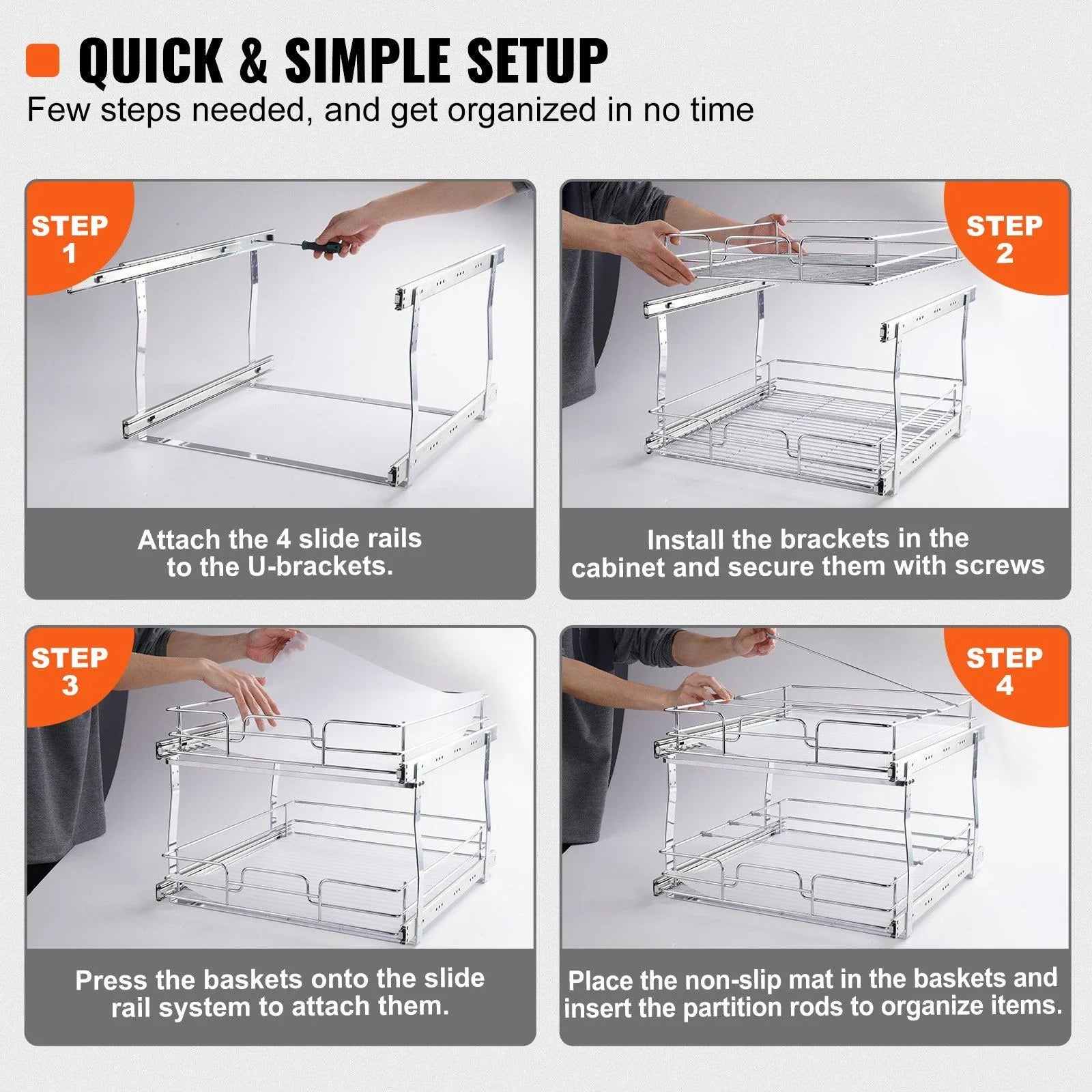Chrome Plated Steel 2 Tier Slide Out Cabinet Organizer, 17 Inches Wide x 21 Inches Deep H7558