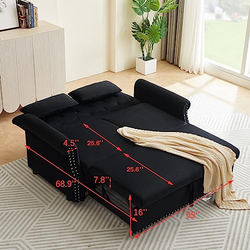 Black Velvet Convertible Sofa Bed with 2 Lumbar Pillows Z29376